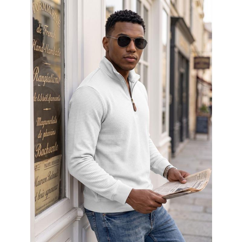 Men S American Style Waffle Knit Half Zip Stand Collar Long Sleeve Pullover Sweatshirt