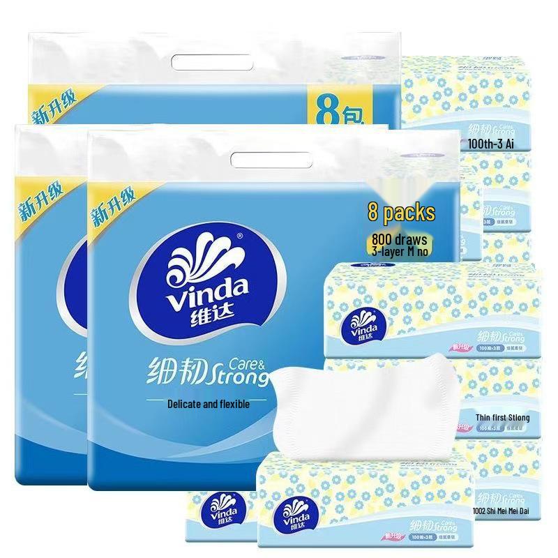 Vinda 3-Ply Fragrance-Free Facial Tissue: 8 Packs of 100 Sheets, Fine & Durable.