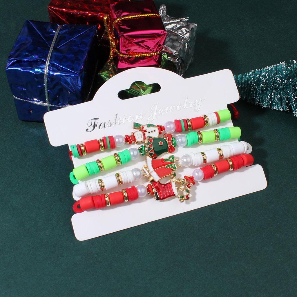 Holiday Pearl Beaded Bracelet Set with Santa & Reindeer Charms - Unisex Festive Hand Rope