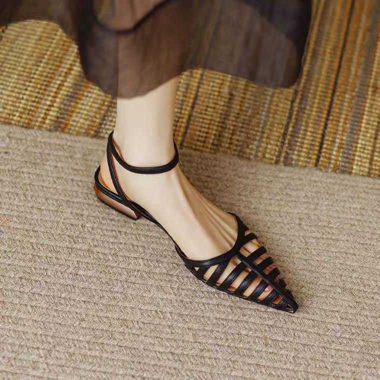 Niche Personalized Retro Sandals Summer Black Hollow Women's Shoes Pointed Flat Heel Bag Head Shoes
