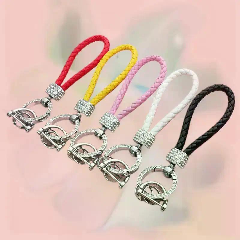 Handcrafted Braided Rope Keychain Sparkling Rhinestones - Stylish Monochrome Car Key Ring Fashion-Forward Accessory