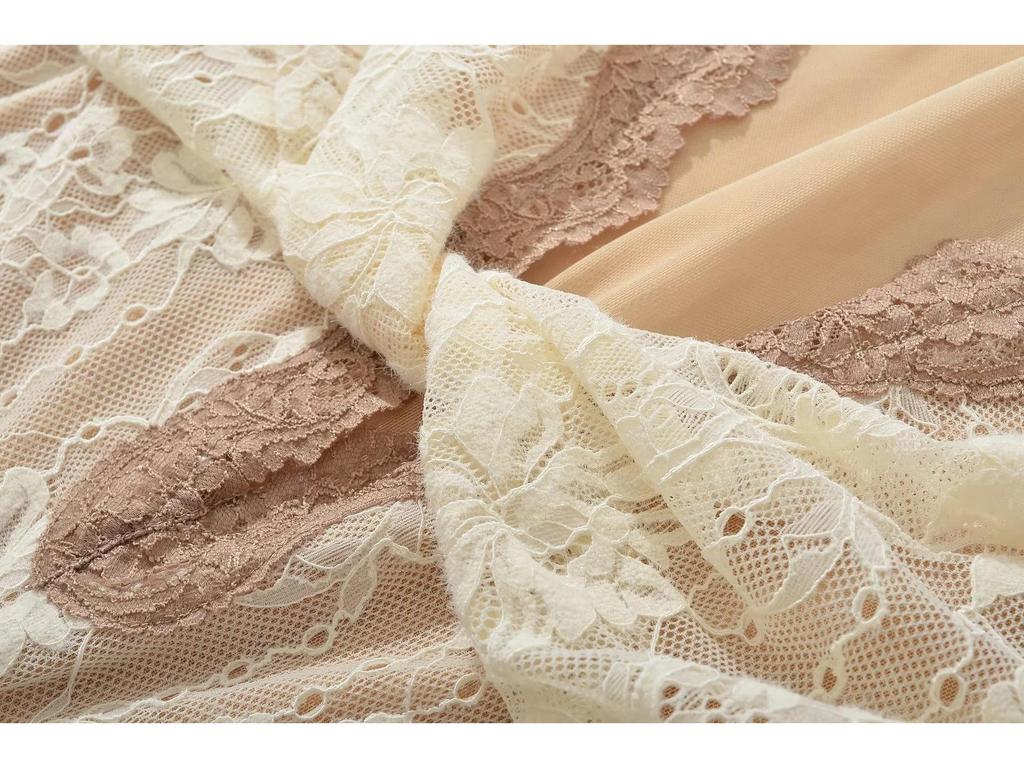 Pure Desire V-Neck Lace Patchwork Bodysuit with Bell Sleeves & High Waist Mesh Jumpsuit