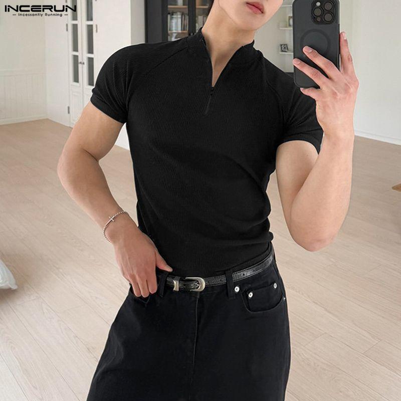 INCERUN Men Zip-up Turtleneck Short Sleeve Rib Fitted T-Shirts Tops