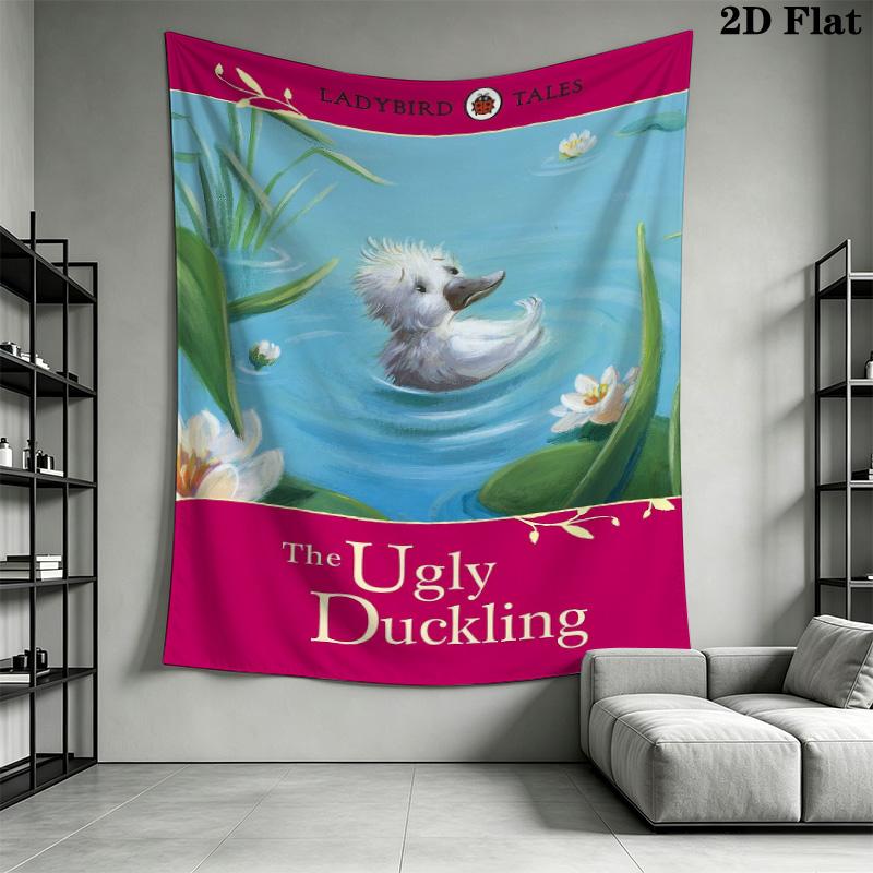 Die hässliche Entlein-Wandteppich, Trauriges Entlein auf Seerosenteich Aquarell Wandbehang, Märchen Wandteppich für Kinderzimmer