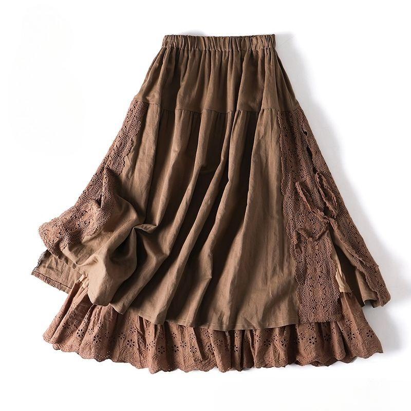 Women s Embroidered Elastic Waist Midi Skirt with Side Tie Patchwork Spring and summer Casual Skirt S