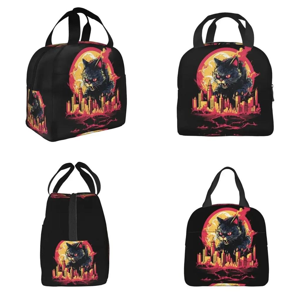 Vintage Catzilla Japanese Sunset Cat Lover Insulated Lunch Bag for Women Kids Portable Food Boxes Thermal Lunch Box Tote