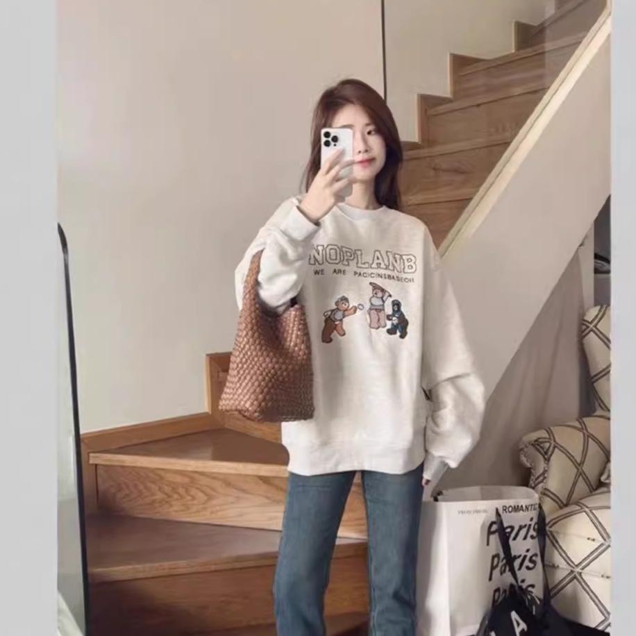 Crew neck sweater women's casual new bear foreign style loose love printing fleece thickened cover
