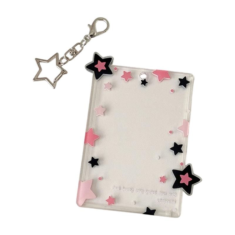 Star Print Photo Card Case with Keychain Clip 3Inch Photo Protectors Waterproof Acrylic Card Covers for Badges Photos