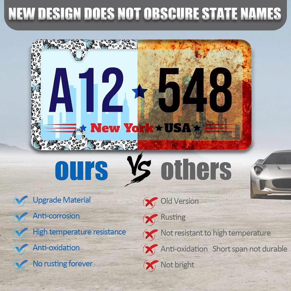 Blue Butterflies Leopard Print Cute License Plate Frames 4 Holes, Stainless Steel Personalized License Plate Cover Holder Car Accessories Decor With