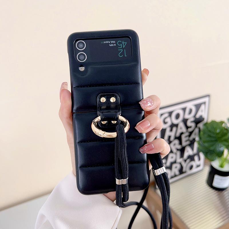 Down Jacket Air Cushion Ring Holder Shoulder Strap Lanyard PU Leather Phone Cover For Samsung Galaxy Z Flip 5 4 Z Flip 3 5 5G Case