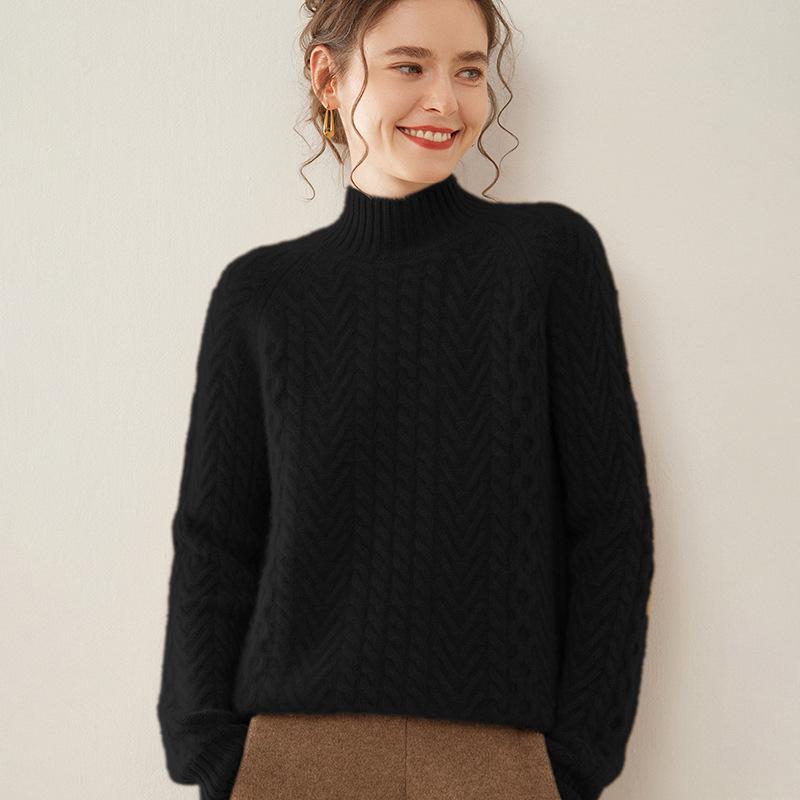 Women's Heavyweight Cashmere Sweater: Autumn-Winter Half-Neck Cable Knit Slim Pullover