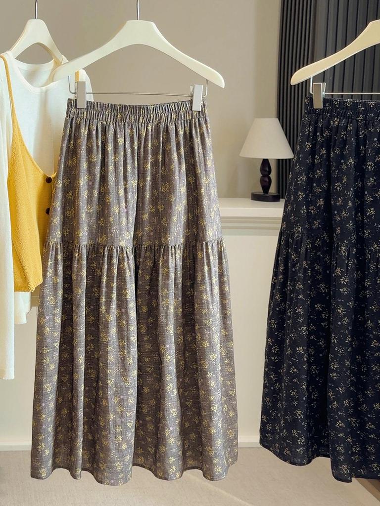 Women's Retro A-Line Floral Midi Skirt with Elastic Waist: Spring & Autumn Versatile, Forest-Inspired, Slimming Design