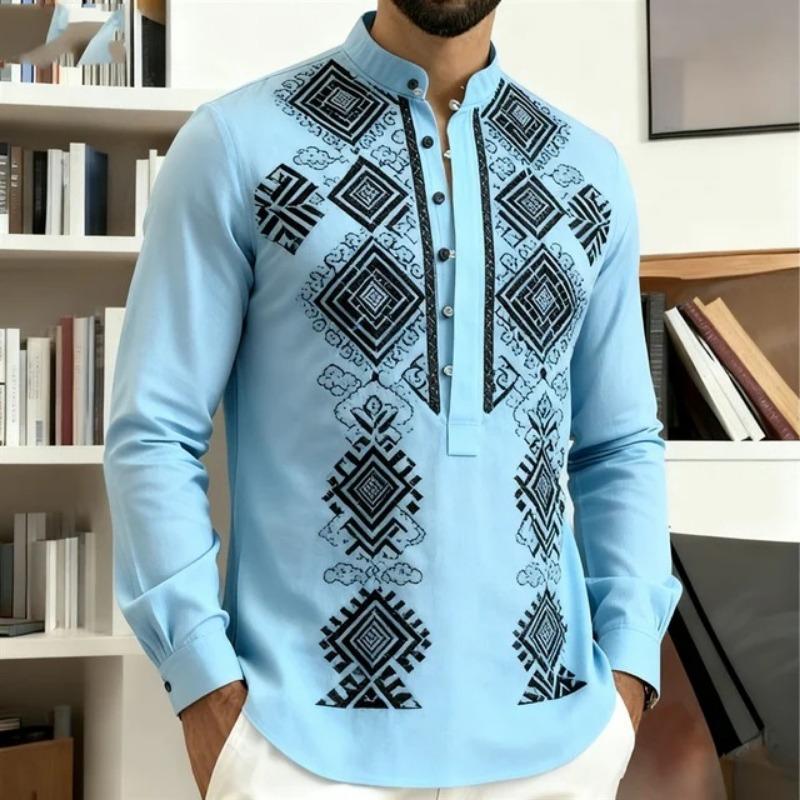 Men Geometric Ethnic Print Stand Collar Long Sleeve Shirt