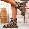 Women's Leopard Print Boots, Side Zip Comfortable Thick Bottom Flat Boots, Winter Round Toe Short Boots