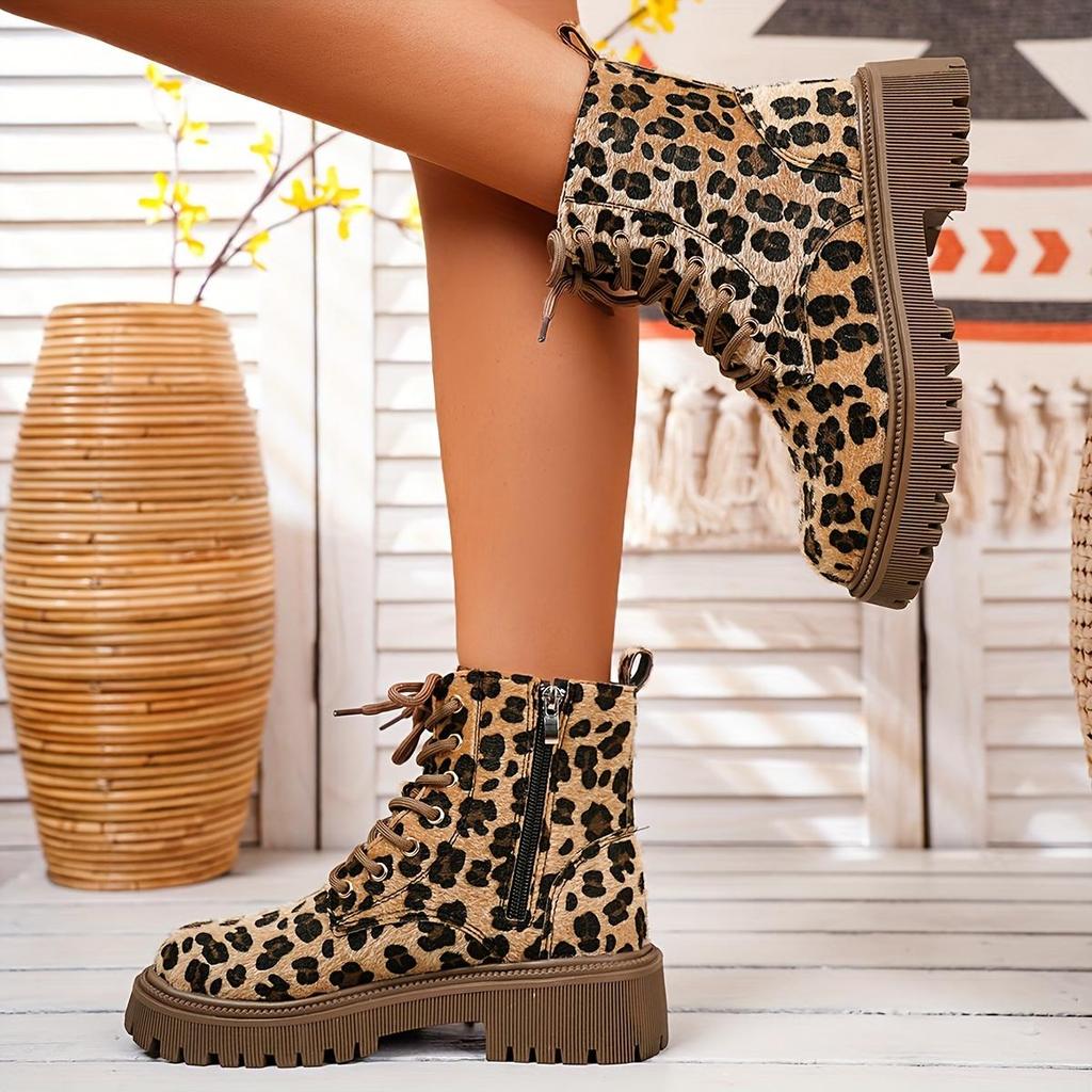 Women's Leopard Print Boots, Side Zip Comfortable Thick Bottom Flat Boots, Winter Round Toe Short Boots