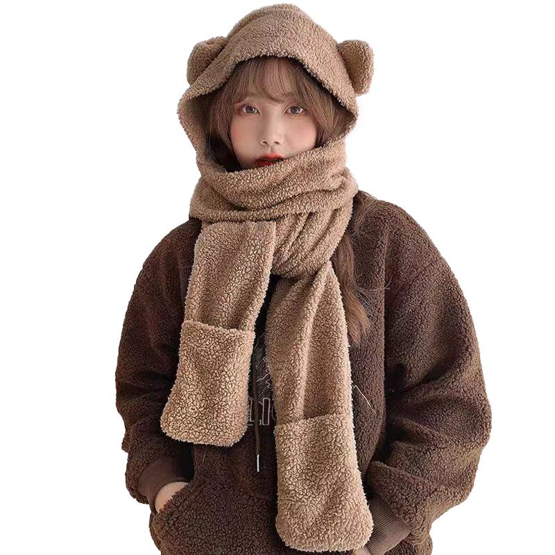 Herbst und Winter Cartoon Süßer Bär Hut Schal Drei-in-Eins Koreanischer Stil Hut Warm und Bequem Gehörschutz All-in-One Hut