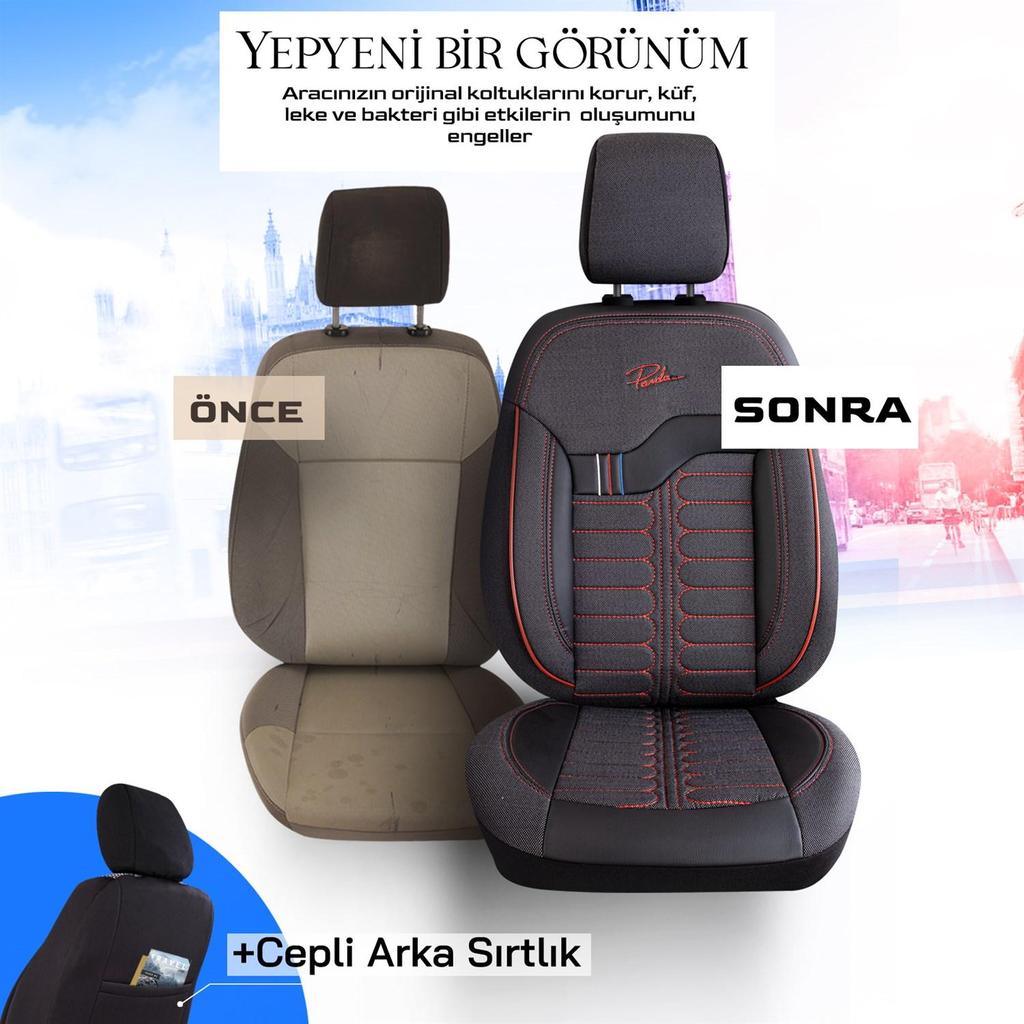 LONDRA SERİSİ İNGİLİZ ÖZEL JAKAR KUMAŞ OTO KOLTUK KILIF Kırmızı Siyah Nefes Alabilir Kumaş