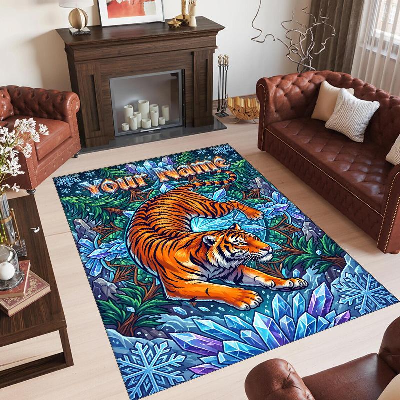 Leopard Theme Crystal Velvet Floor Rug Personalized Custom Name Text Warm Carpet Home Decoration