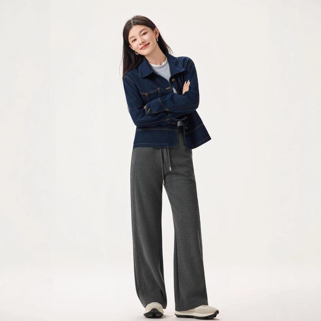 Women's Fashionable Gray Fleece-Lined Winter Pants: Petite, Narrow, or Wide-Leg Acetate Wool Sweatpants.