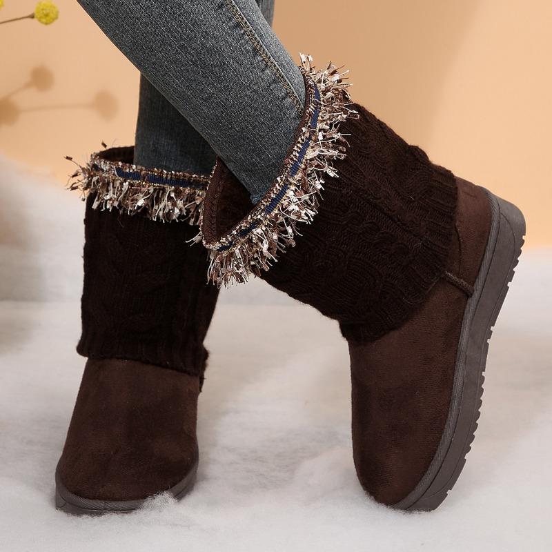 Fashion Mid-barrel Cotton Boots Winter New Round Toe Suede Stitched Platform Anti-slip Wear-resistant Snow Boots