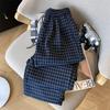 Women's Navy Blue Plaid Fleece Pants - Autumn/Winter Petite Retro Drawstring, Casual Floor-Length Lazy Style.