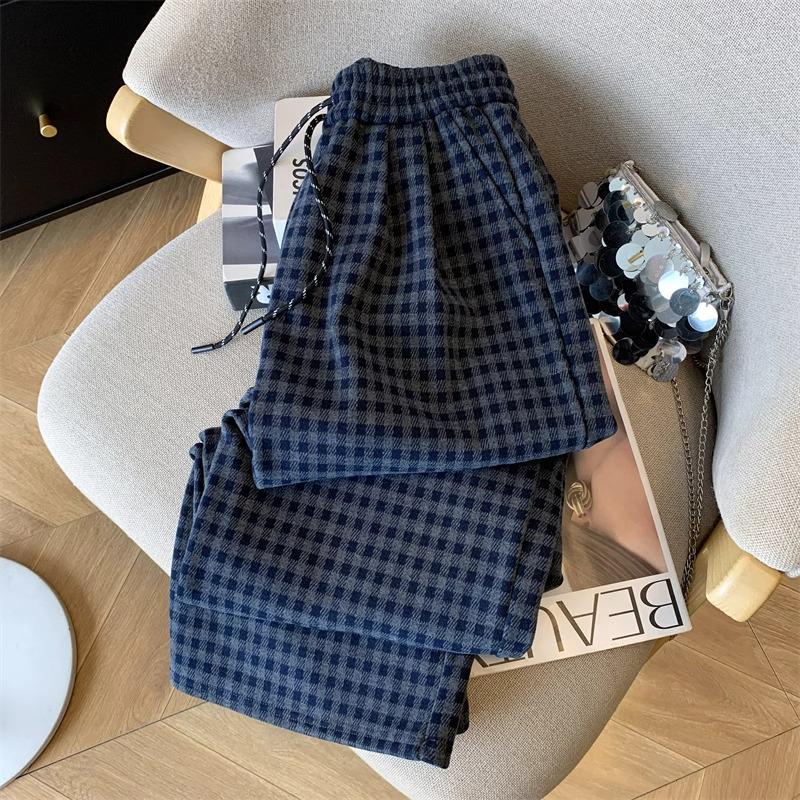 Women's Navy Blue Plaid Fleece Pants - Autumn/Winter Petite Retro Drawstring, Casual Floor-Length Lazy Style.