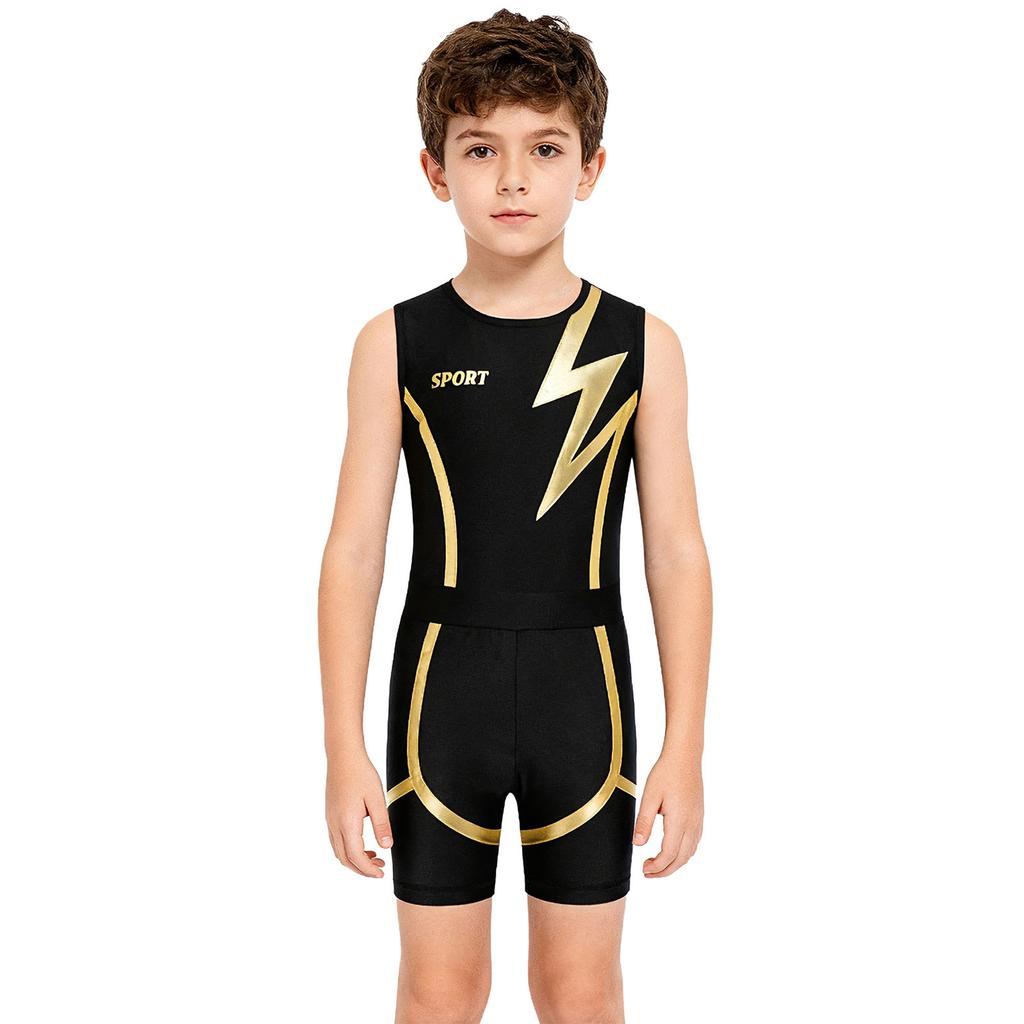 Boys Shiny Contrast Leotard Sleeveless Press Button Crotch Shorts Gymnastics Outfit