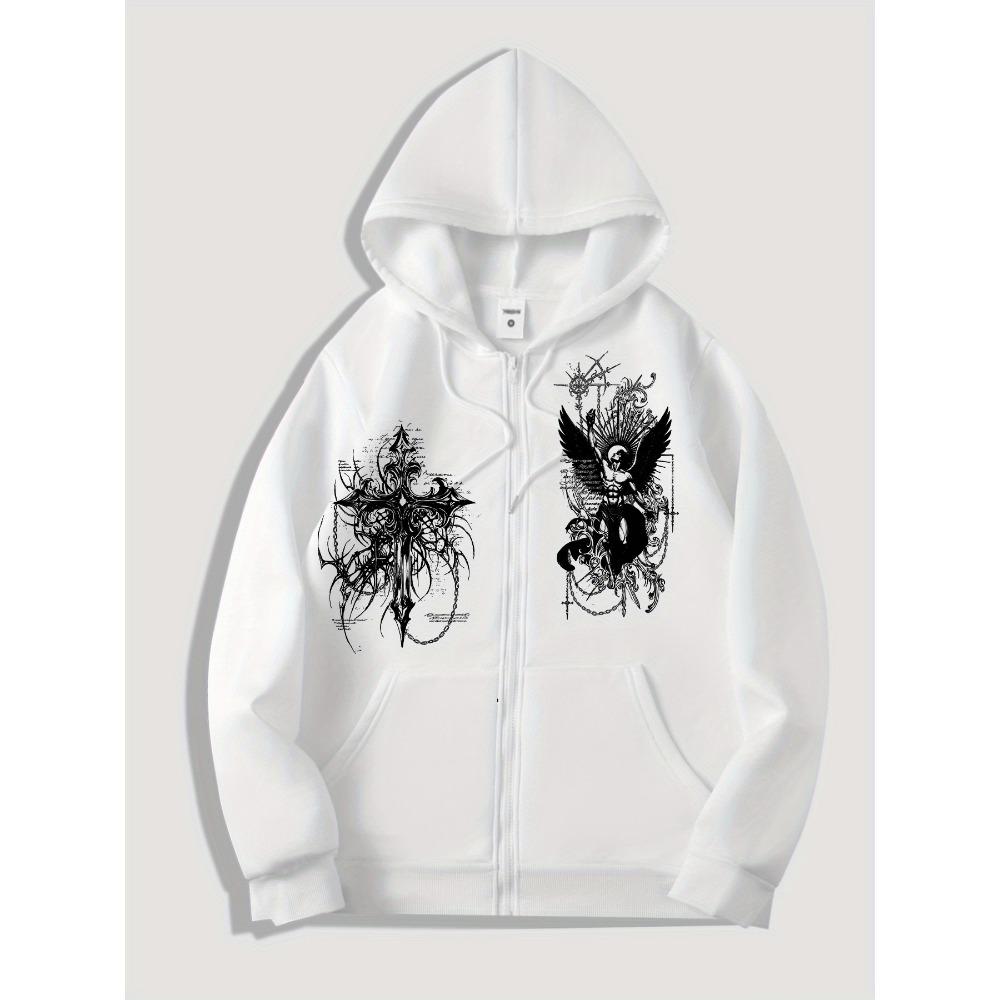 Herrs Huvtröja med Dragkedja och Mörkt Änglatryck, det Perfekta Valet för Avslappnad Streetwear och Trendiga Kläder