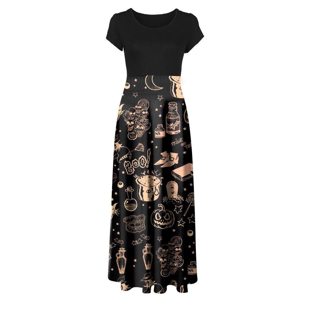 Women's Fashion Casual Halloween Print Round Neck Short-Sleeved Large Size Long Dresses