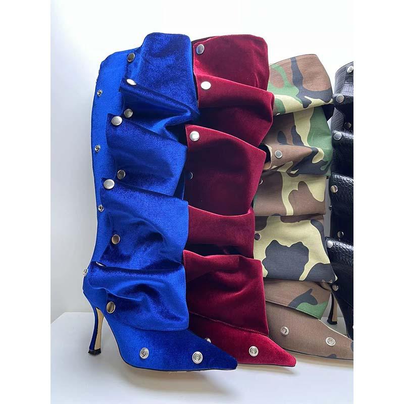 European And American Women'S Shoes New High-Heeled Pointed Metal Rivets Xishi Velvet Two-Wear Stacked Knee-Length Boots
