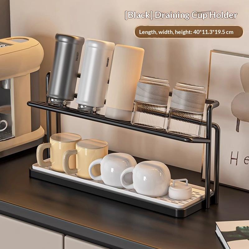 

Stainless Steel Cup Holder 2 Tier Drying Rack with Drain Tray Space Saving Storage Shelf for Coffee Tea Cups Glasses Home