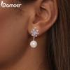 BAMOER Starlight Pink Shell Earrings for Women Trendy White Gold Plated Pearl Drop Dangle Earrings Wedding Party Daily Jewelry