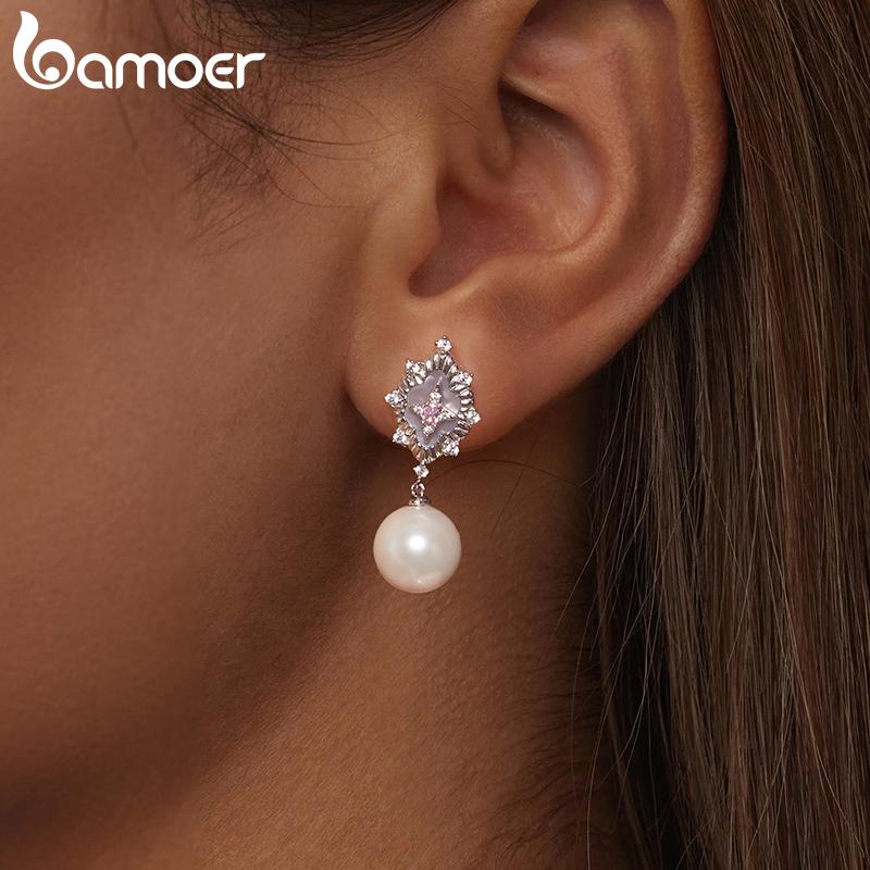 BAMOER Starlight Pink Shell Earrings for Women Trendy White Gold Plated Pearl Drop Dangle Earrings Wedding Party Daily Jewelry