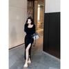 Perspective back, celebrity temperament, slim square neck dress, women's spring waist, sexy hip-wrapped bottoming split skirt
