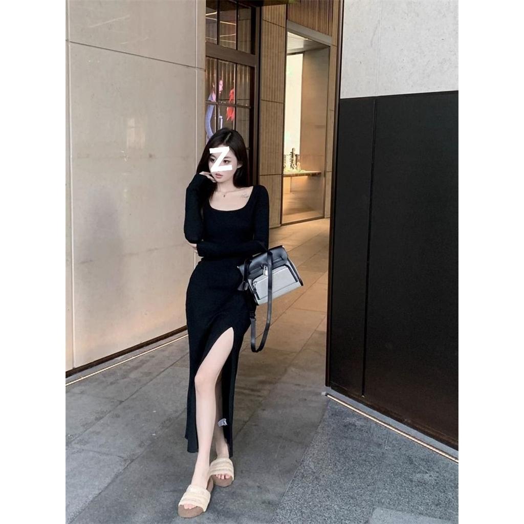 Perspective back, celebrity temperament, slim square neck dress, women's spring waist, sexy hip-wrapped bottoming split skirt