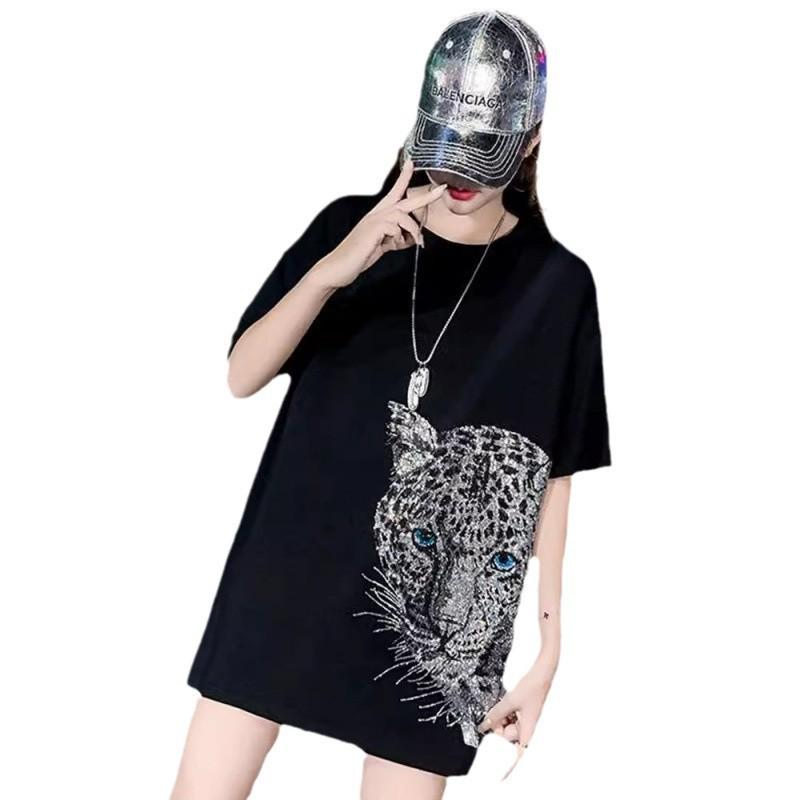 2024 Pure Cotton Women's Rhinestone Top - Mid-Length European Edition