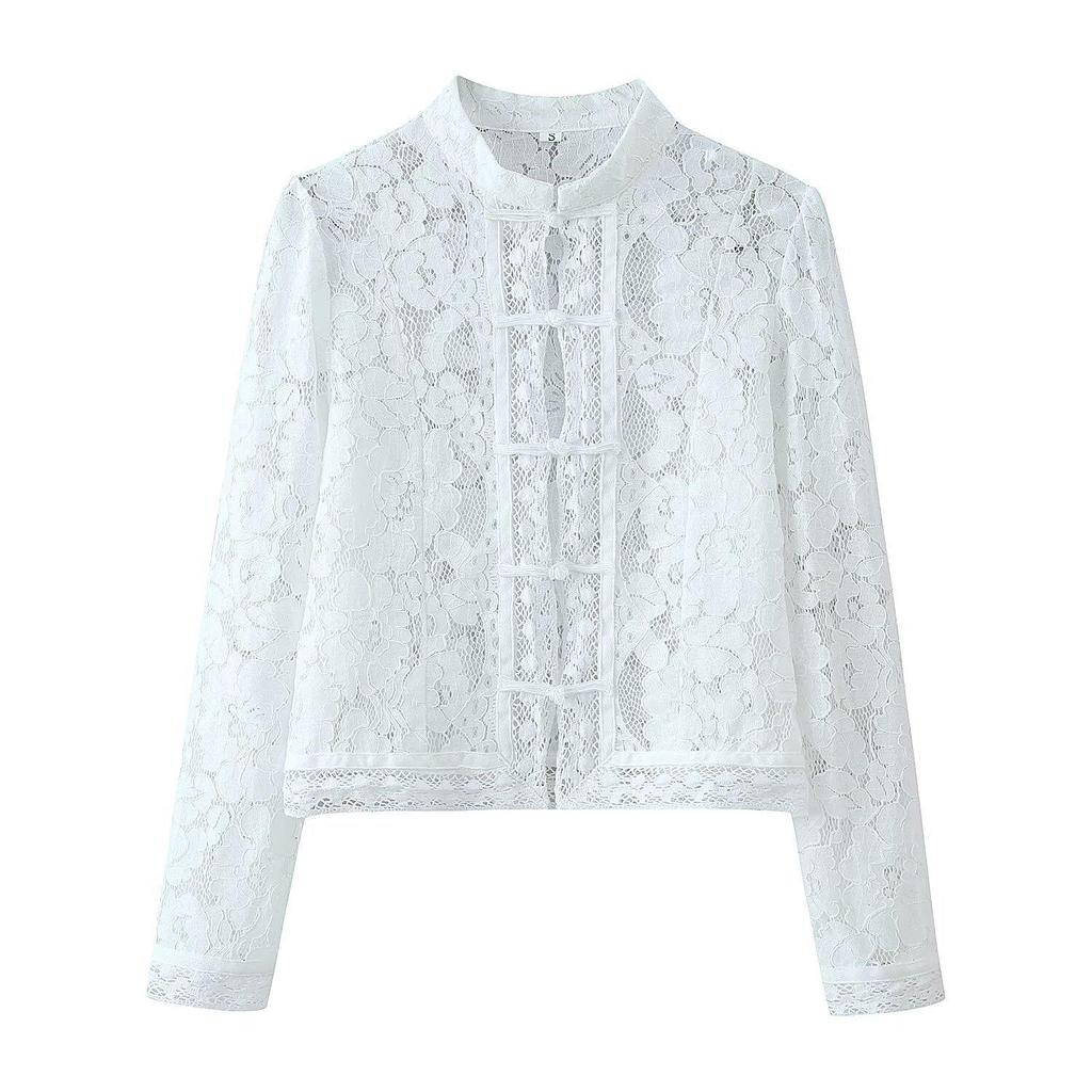 European & American Style Frog Button Lace Crochet Stand Collar Women's Shirt
