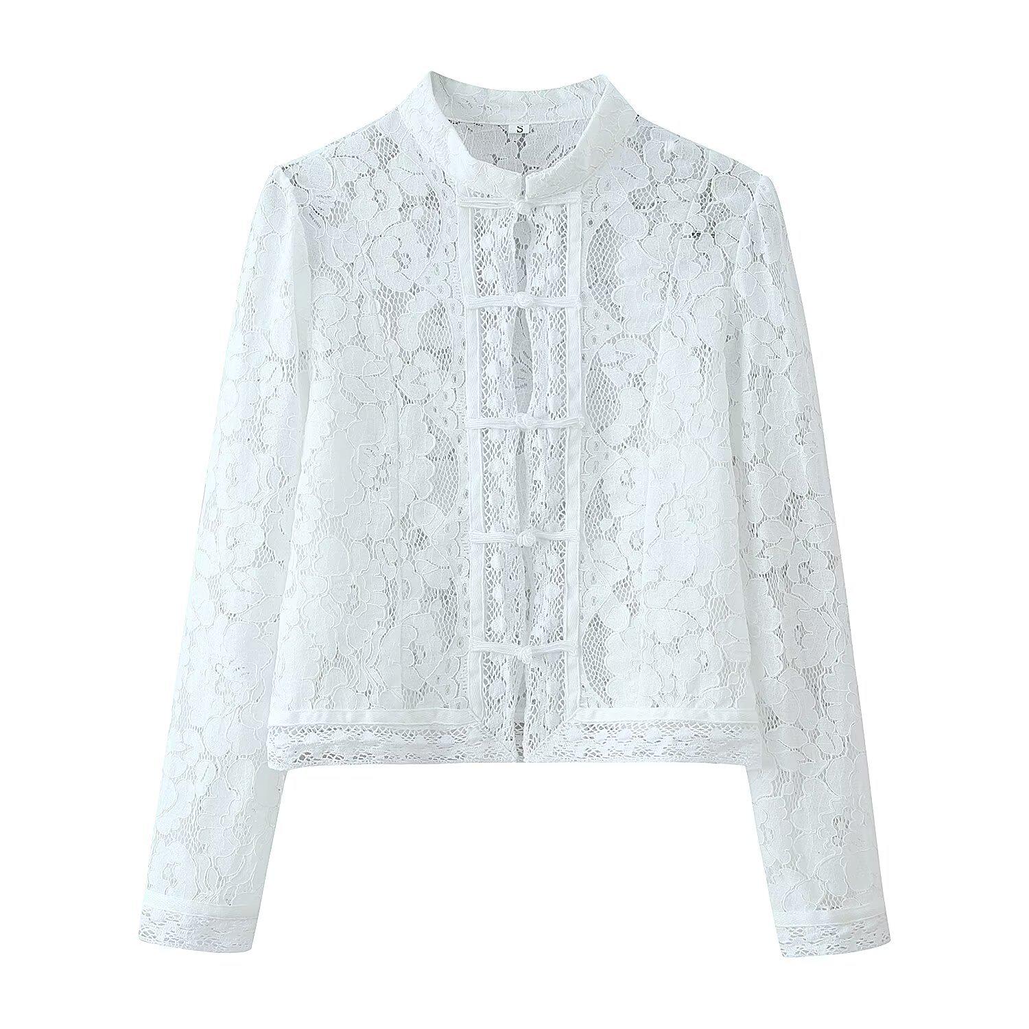 European & American Style Frog Button Lace Crochet Stand Collar Women s Shirt Medium белый
