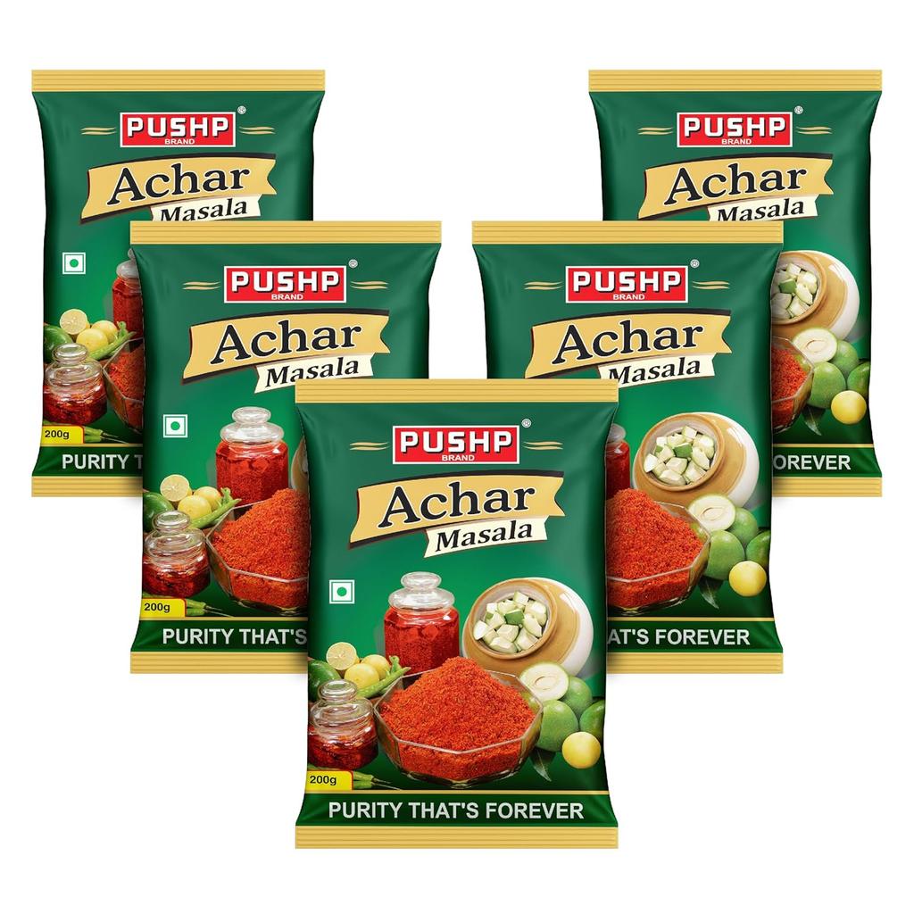 Pushp Achar Masala 200g Pak van 5 Premium Traditionele Kruidenmix Voor Authentieke Zelfgemaakte Augurken Klaar voor Gebruik Smaakvolle Mix