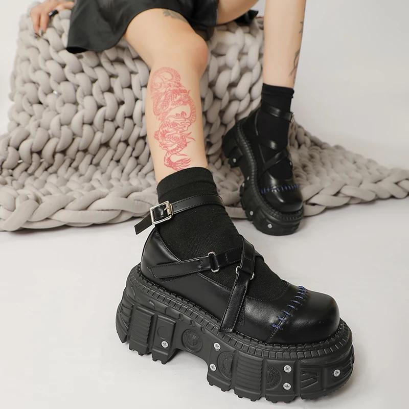 Women's Platform Mary Janes Shoes Black Leather Buckle Strap Thick Chunky Sole Gothic Punk Style Cosplay/Streetwear