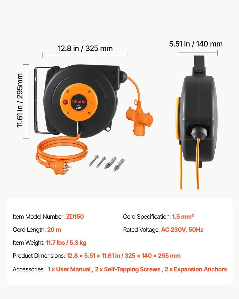 VEVOR Retractable Extension Cord Reel 20 M Heavy Duty 16AWG / 3C Orange, for Ceiling/Wall Mount, Overheat Protection