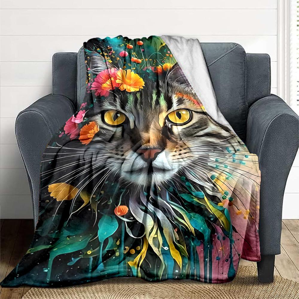 

1pc Floral Cat Artwork Blanket Lightweight Blanket Throw Blanket For Sofa, Bed, Travel, Camping, Livingroom, Office, Couch, Chair yy251010083 100x150cm