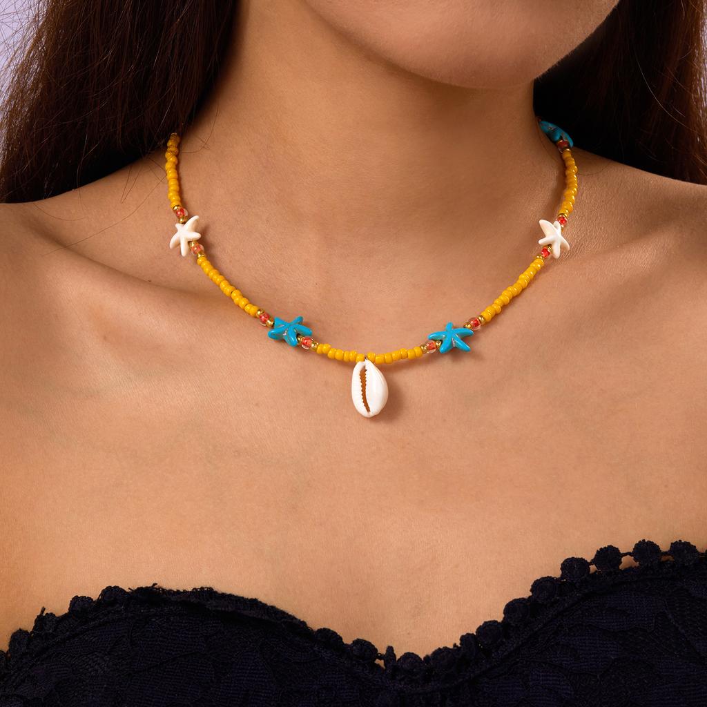 Bohemian Colorful Rice Beads Necklace for Women Sea Shell Starfish Pendant Clavicle Choker Summer Beach Party Charm Jewelry Gift