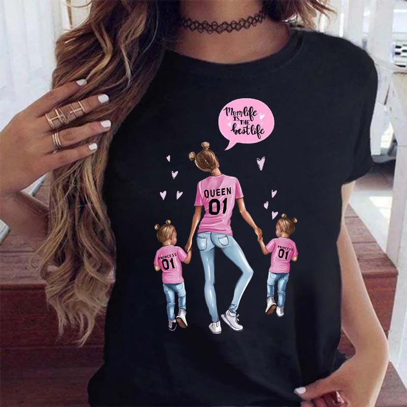 Maycaur Women Cartoon Mom Mother Boy Girl Print Mother Lady T-shirts Casual Top T Shirt Ladies Womens Graphic Female Tee T-Shirt