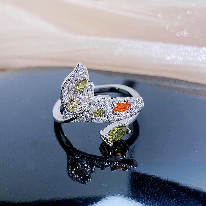 Dopamine Colored Treasure Zircon Butterfly Fishtail Open Ring Niche High-End Sense Light Luxury Personality Stacked Ring