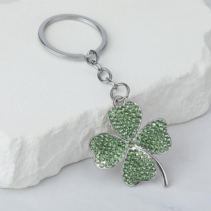 Metal Clover Leaf Keychain with Rhinestone Decoration Four Leaf Clover Pendant Keyring Chain for Keys Bag Charm Accessories One Size