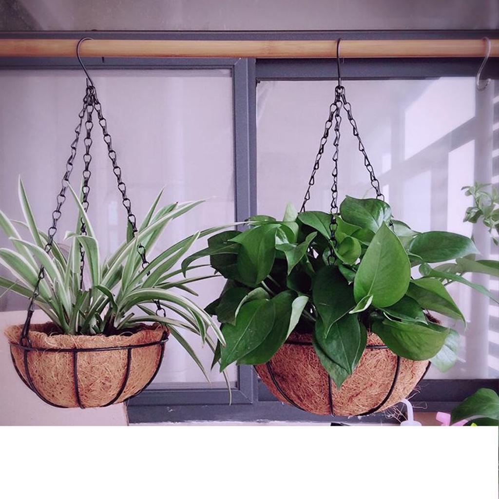 Hanging Coconut Basket Planter Flower Pot Black Metal Frame Hanger 14inch