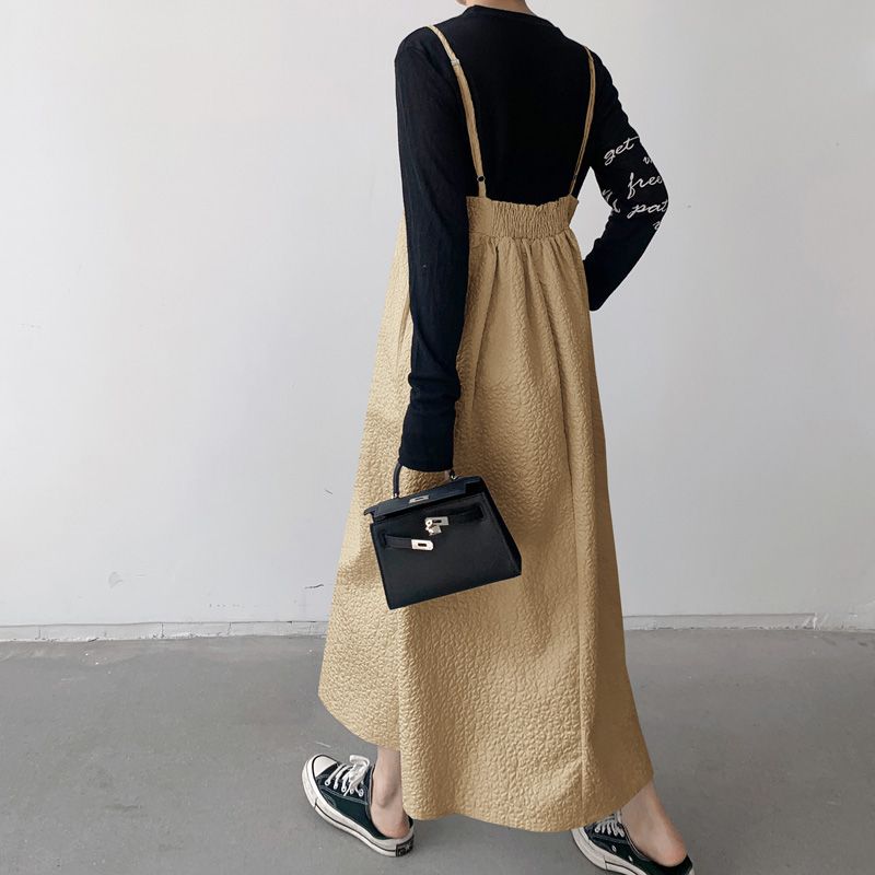 

Japanese and Korean Spring and Summer New Fashion off-Neck Solid Pleat A Word Pocket Mid-Length Sleeveless Sling Dress Women CAMEL L