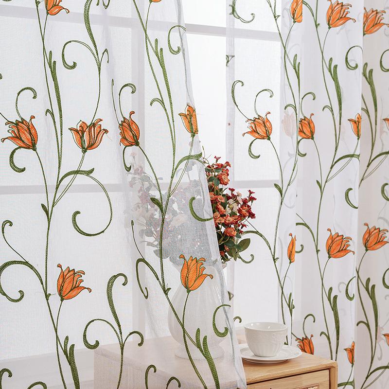 Pastoral Tulip Embroidery Yarn Through Rod Window Screen Finished Curtain Direct Supply