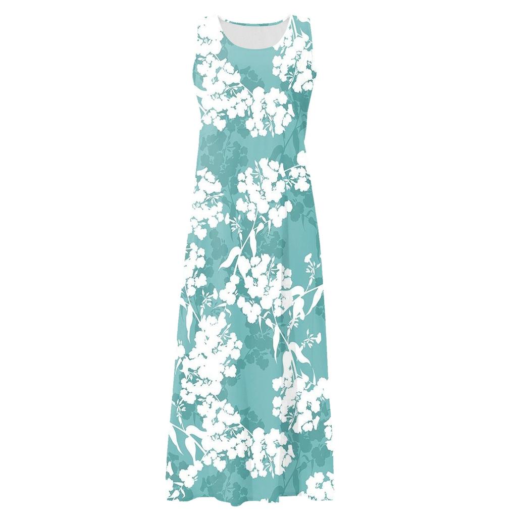 Women Sleeveless Casual Floral Print Pocket Dress Loose Fit Cotton Linen Blend Summer Maxi Dress with Round Neck and Side Pockets